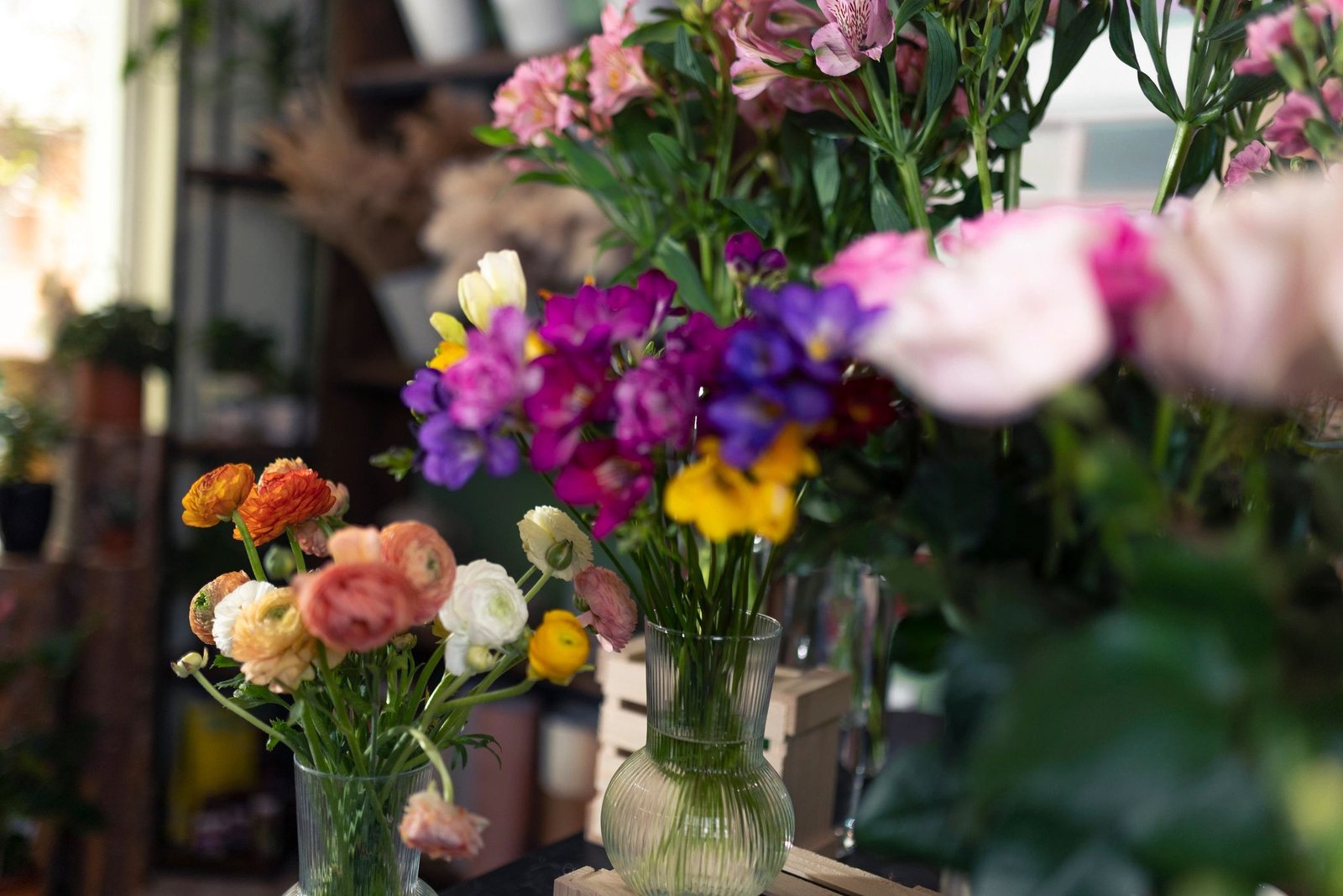 Colorful flower arrangements in a shop