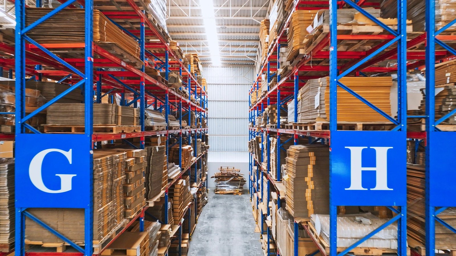 Boxes on warehouse shelving viewed from above