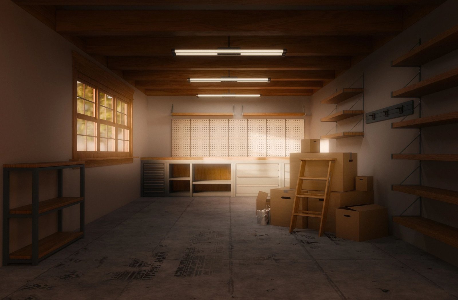 Garage space with moving boxes stacked and ready to sort