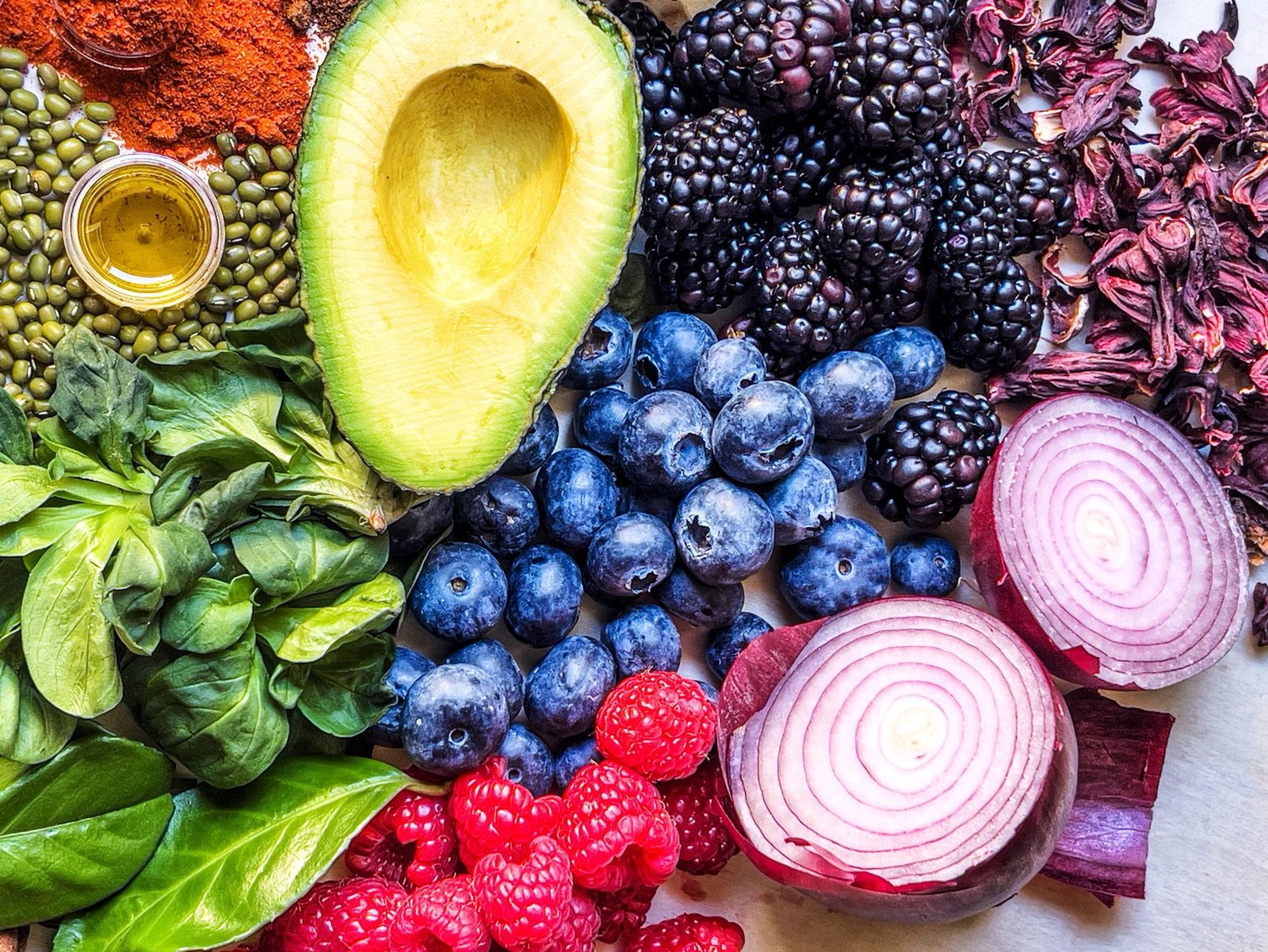 Colorful vegetables and fruits on a wooden table